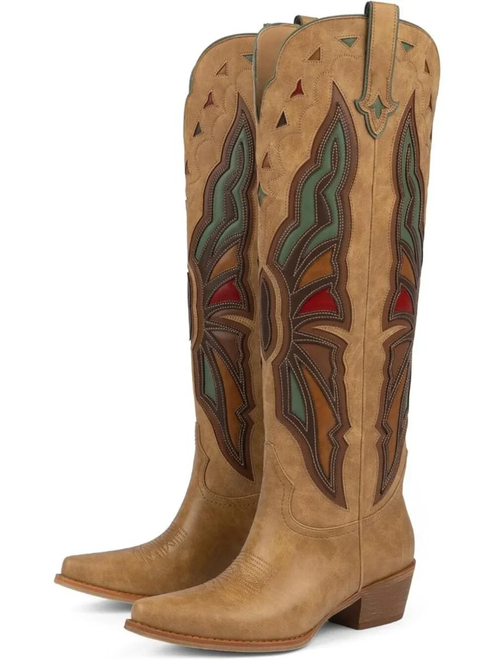 Women light Brown Cowboy Knee High Chunky Heel Butterfly Cowgirl Boots Wide Calf